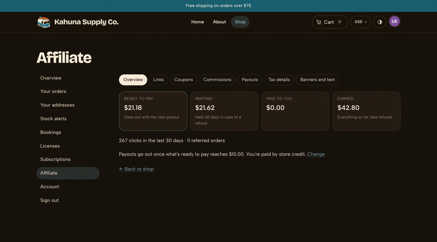 A partner's Affiliate tab in their customer account showing what's ready to pay, what's waiting, what's been paid and what they've earned