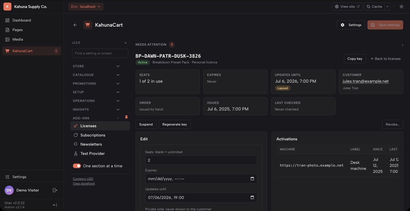 A single license in the KahunaCart admin, showing its seats, its activations, the license term and the updates window