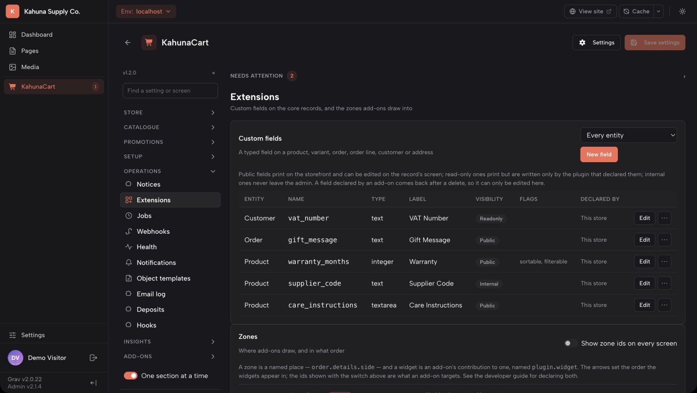 The KahunaCart Extensions screen in the Grav admin, listing zones and the widgets add-ons have mounted into them
