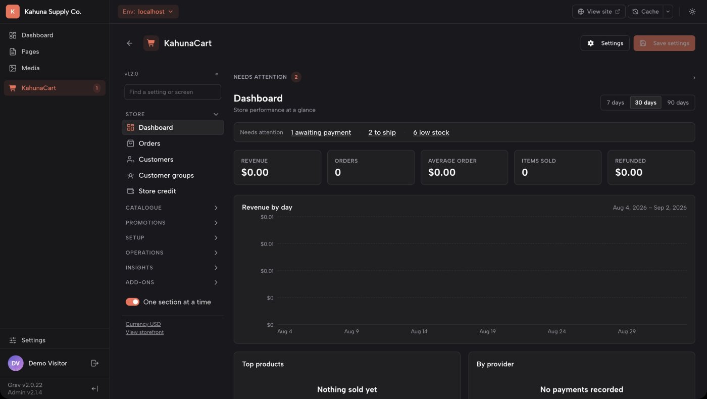 The KahunaCart dashboard inside Grav's Admin Next, with the store navigation beside Grav's pages navigation