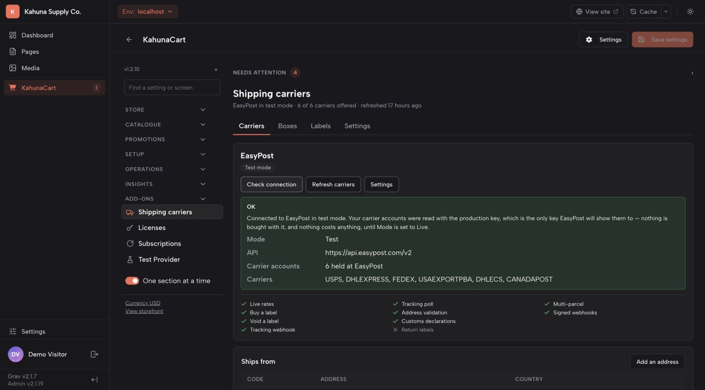 EasyPost in test mode, with connected carrier names and supported shipping features