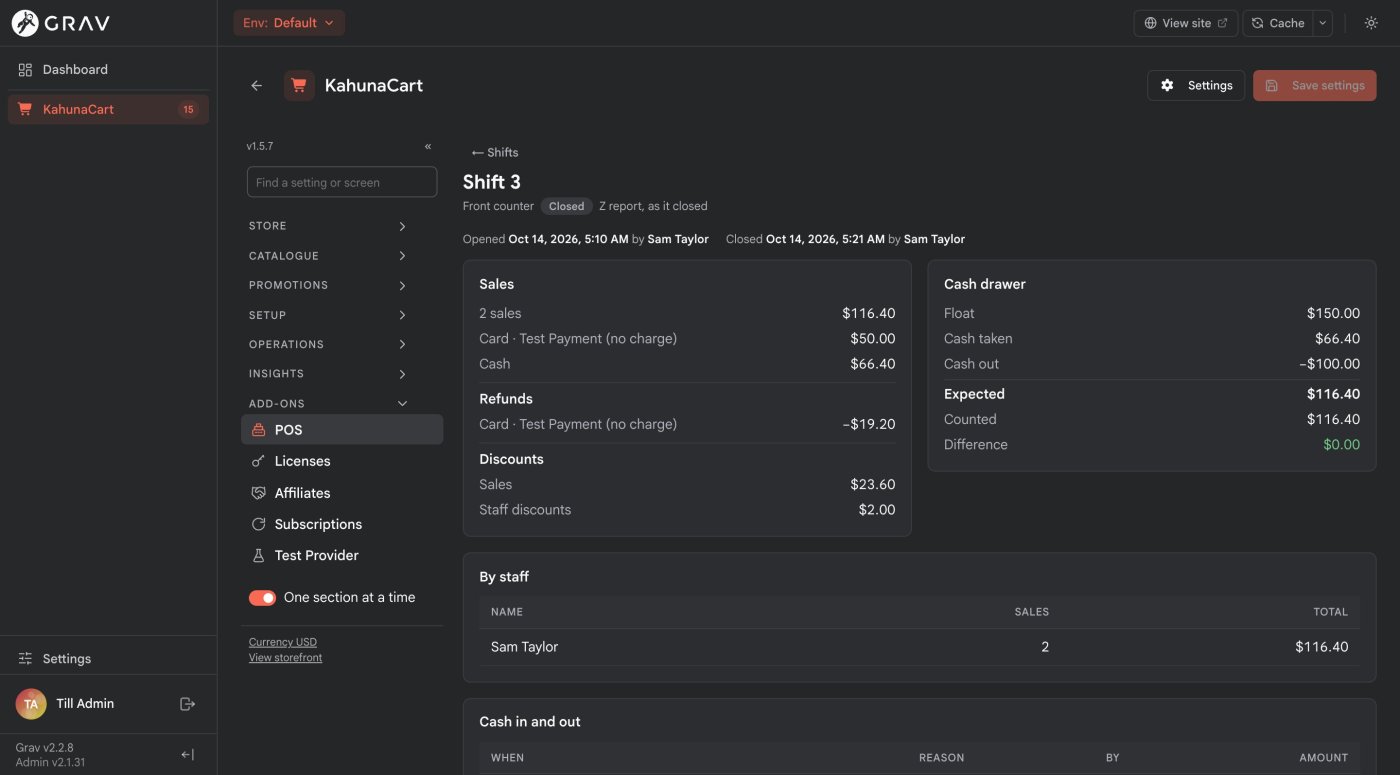 The admin's page for Shift 3: two sales for $116.40, a card refund, discounts, the cash drawer balancing at $116.40, and takings by staff
