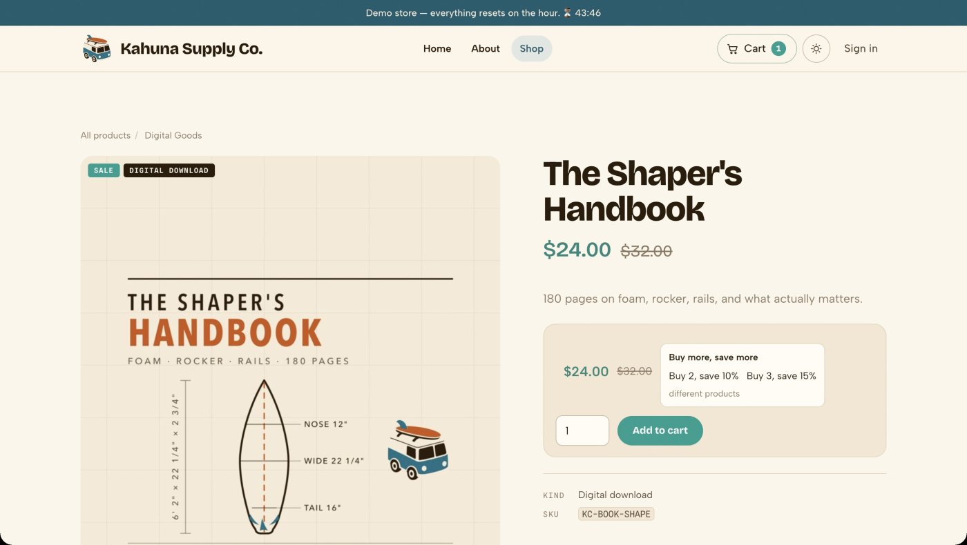 A digital product on the Kahuna Supply Co. demo storefront, The Shaper's Handbook, marked as a digital download with a sale price and quantity discounts
