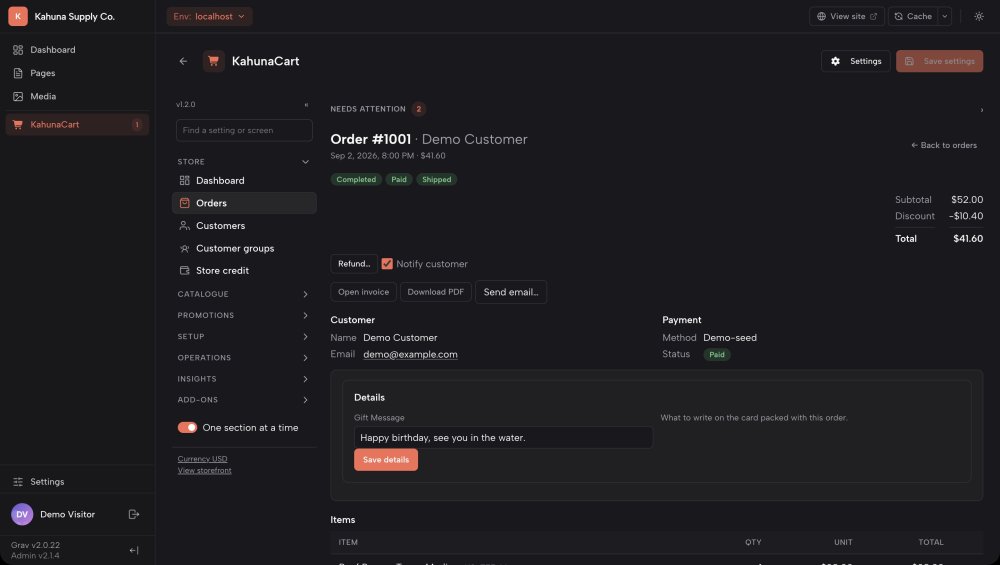 One order open in the KahunaCart admin, with its timeline and totals