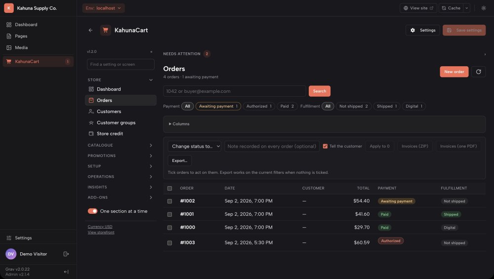 The Orders list in the KahunaCart admin