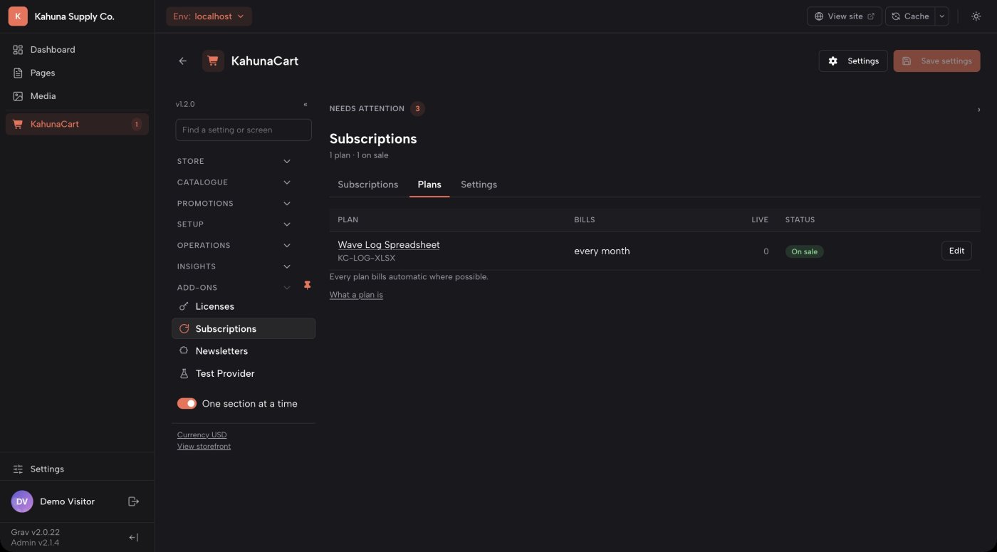 The Plans tab in the KahunaCart admin, listing the demo store's subscription plans with the variant each one sells, its interval and its billing mode