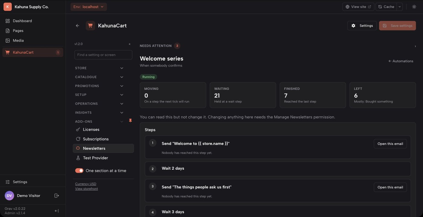 An automation's steps in the KahunaCart admin, each email step showing what it sent, opened and clicked