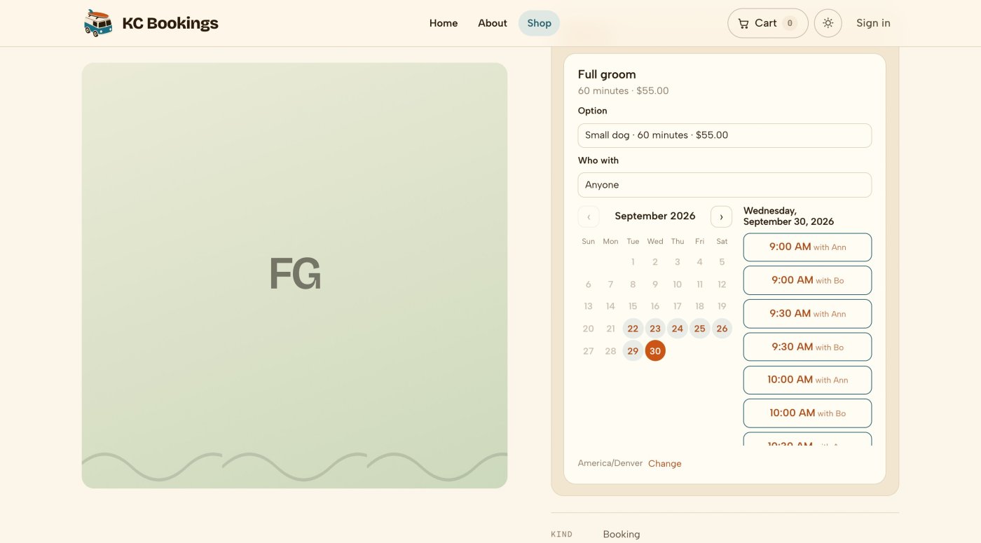 A dog groomer's product page with an option list, a who-with selector, a month calendar and the free times beside it