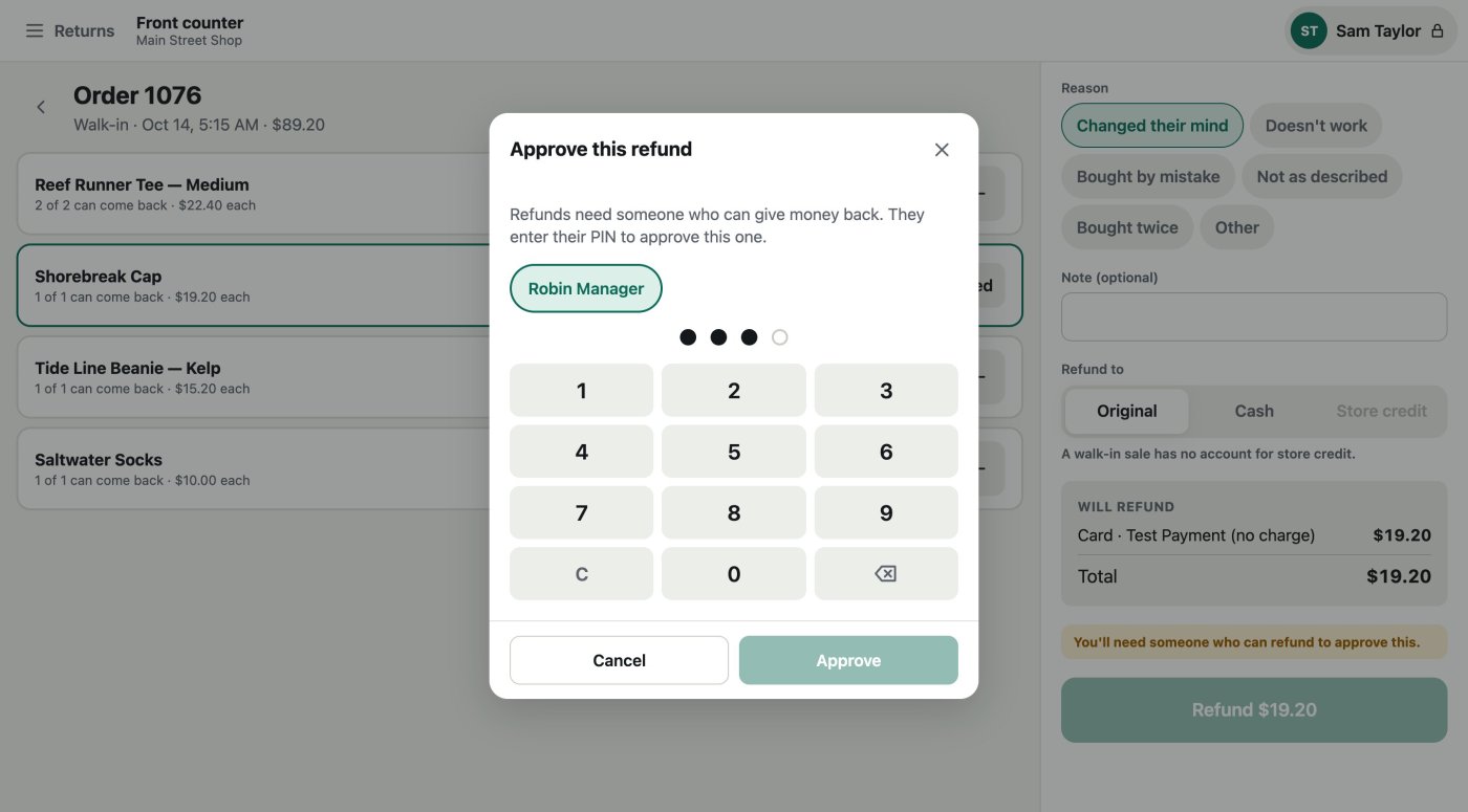 The Approve this refund dialog over the return screen, with Robin Manager picked and three digits of the PIN entered