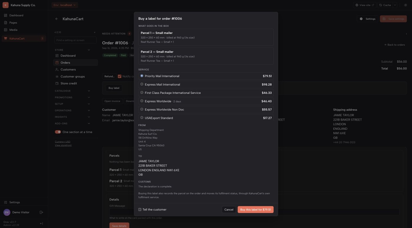 An international buy-label dialog showing parcels, service rates, destination and a complete customs declaration status