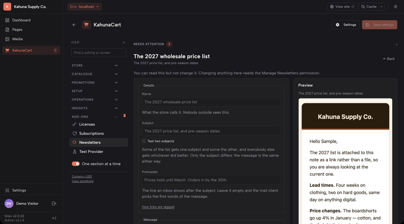 A campaign editor in the KahunaCart admin, with the Markdown body on one side and the rendered email preview beside it