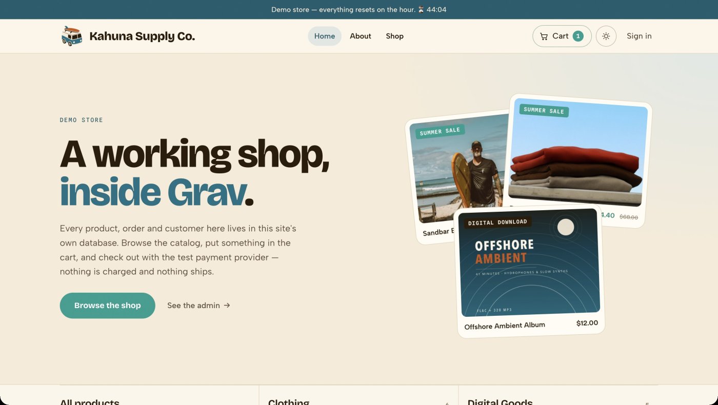 The Kahuna Supply Co. home page, a Grav site with the shop woven into it