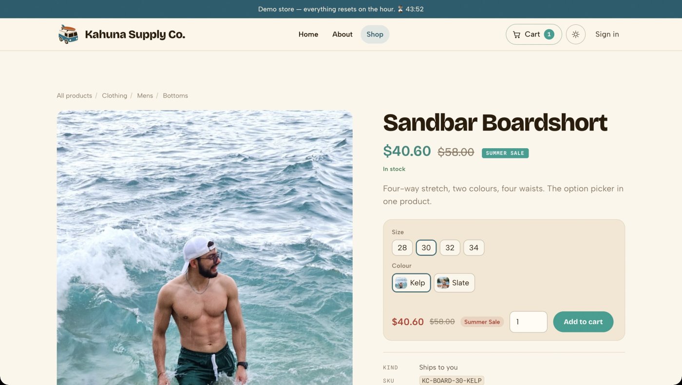 A product page on the Kahuna Supply Co. demo storefront, with variant options, price and an add to cart button