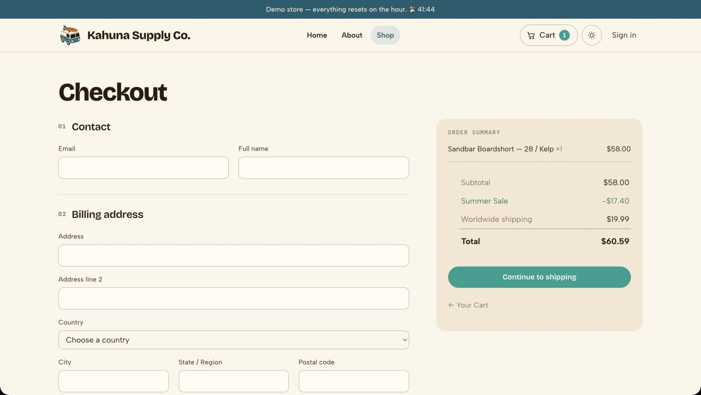 The checkout page on the Kahuna Supply Co. demo storefront, with the address form, shipping choice and order summary