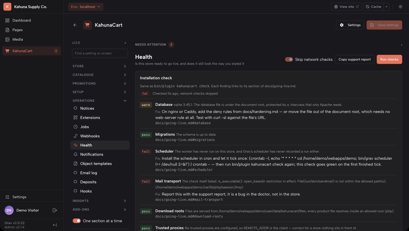 The KahunaCart Health screen inside the Grav admin, listing installation checks with a status for each