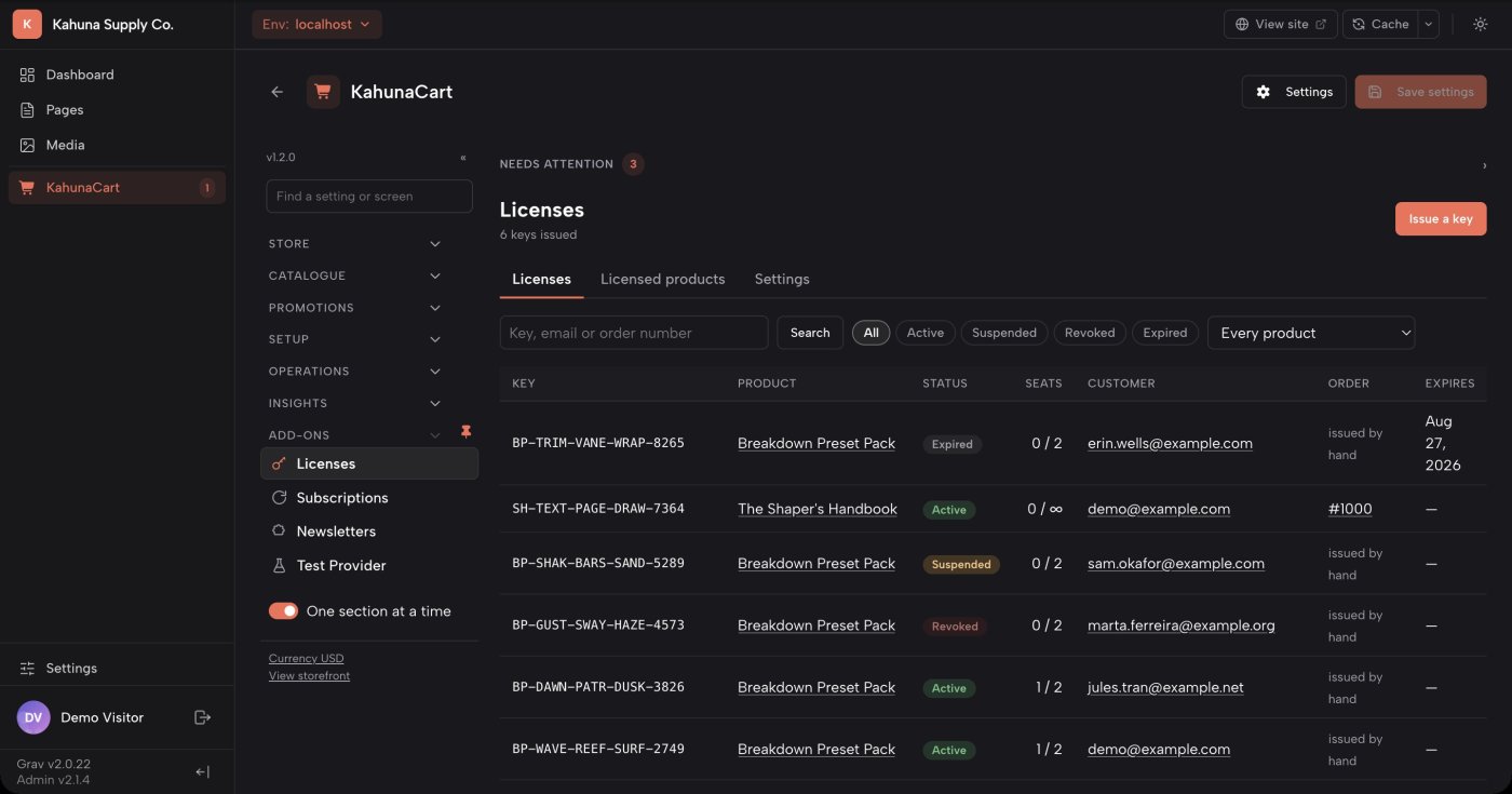 The Licenses screen in the KahunaCart admin, listing keys with their product, seats in use, status, customer and dates