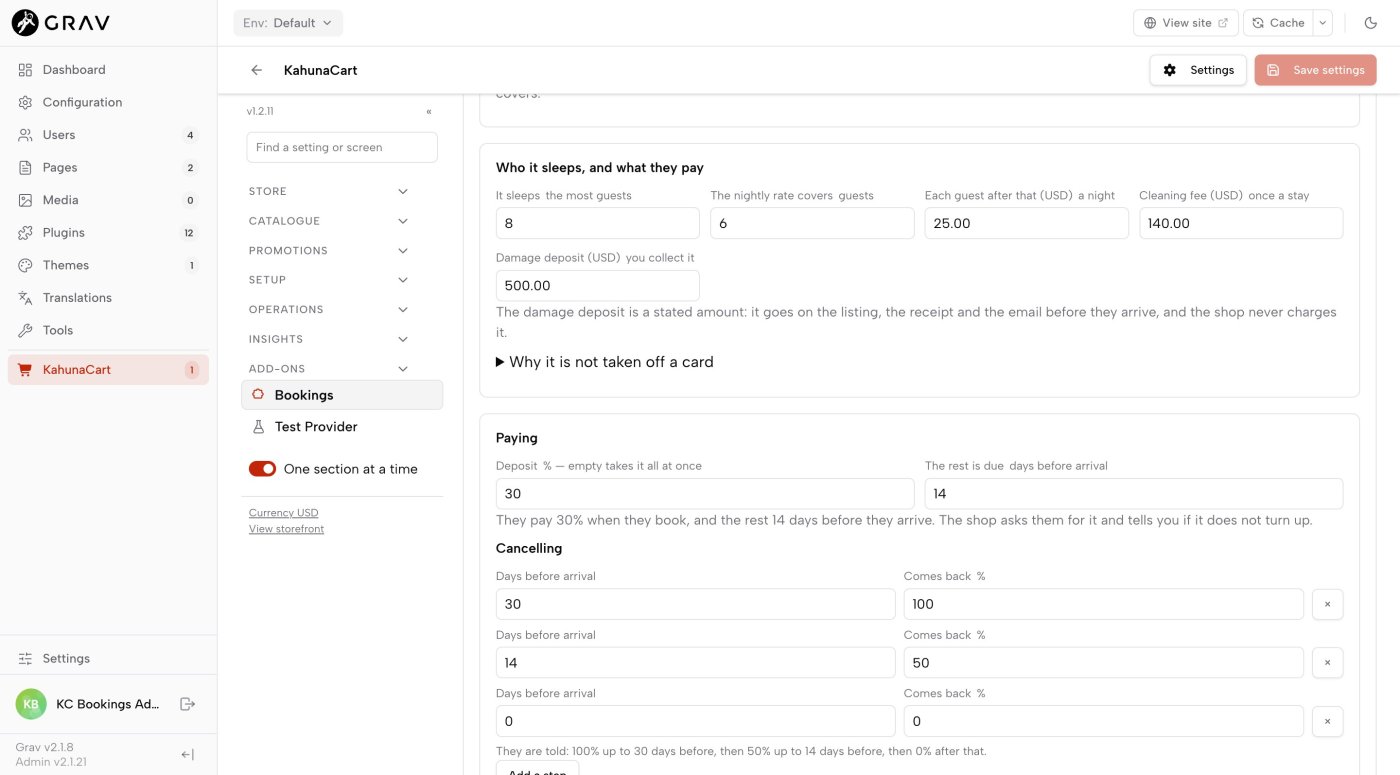 The paying and cancelling part of the stay rules, with a deposit percentage, balance days and a three-step cancellation policy
