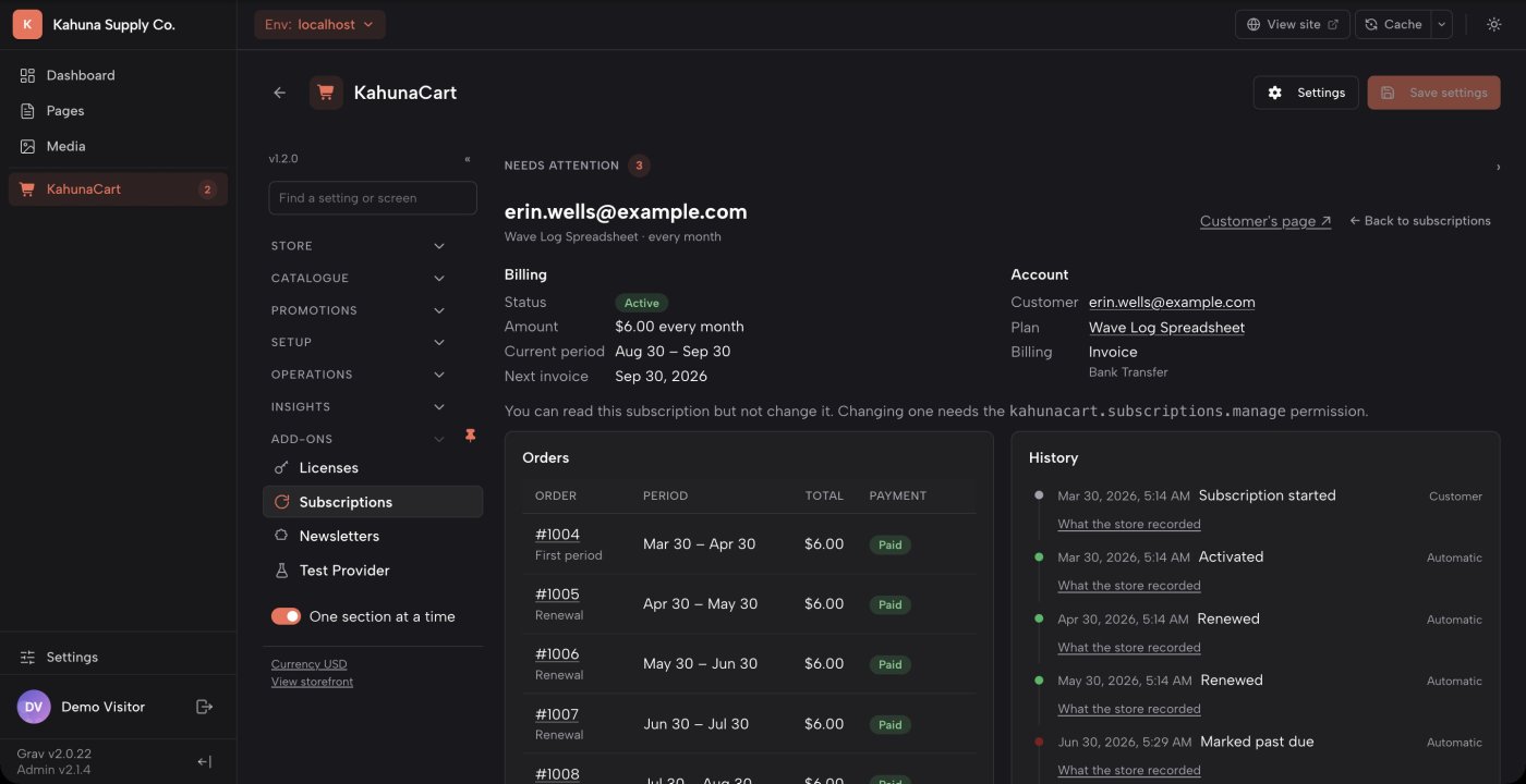 One subscription open in the KahunaCart admin, showing its current period, its renewal orders and its event timeline