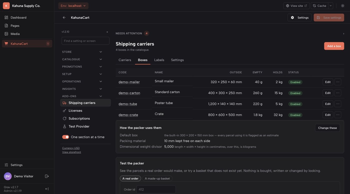 The Boxes tab showing four package sizes, empty weights, maximum loads and packing settings