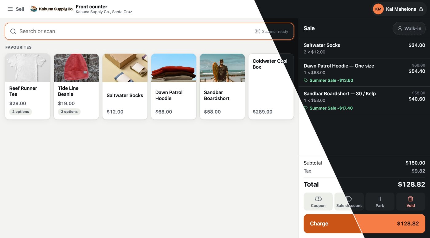 The till's Sell screen in the demo store's orange with its microbus logo, split diagonally between light mode on the left and dark mode on the right, the Charge button showing both