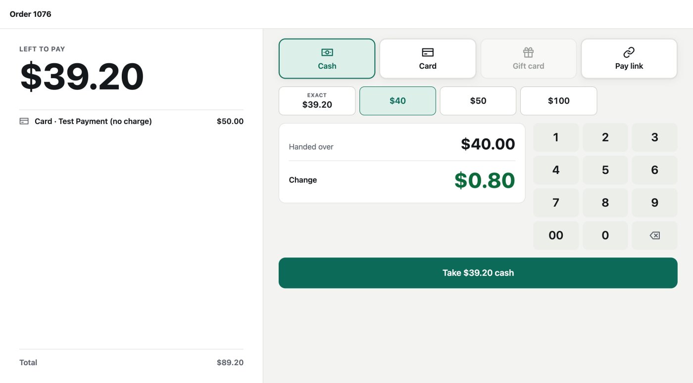 The Pay screen after a $50.00 card payment, with $39.20 left to pay, $40.00 handed over in cash and $0.80 change