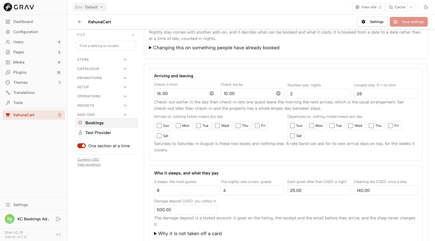 The stay rules panel inside the Bookings service editor, with check-in and check-out times, minimum and maximum nights and weekday ticks