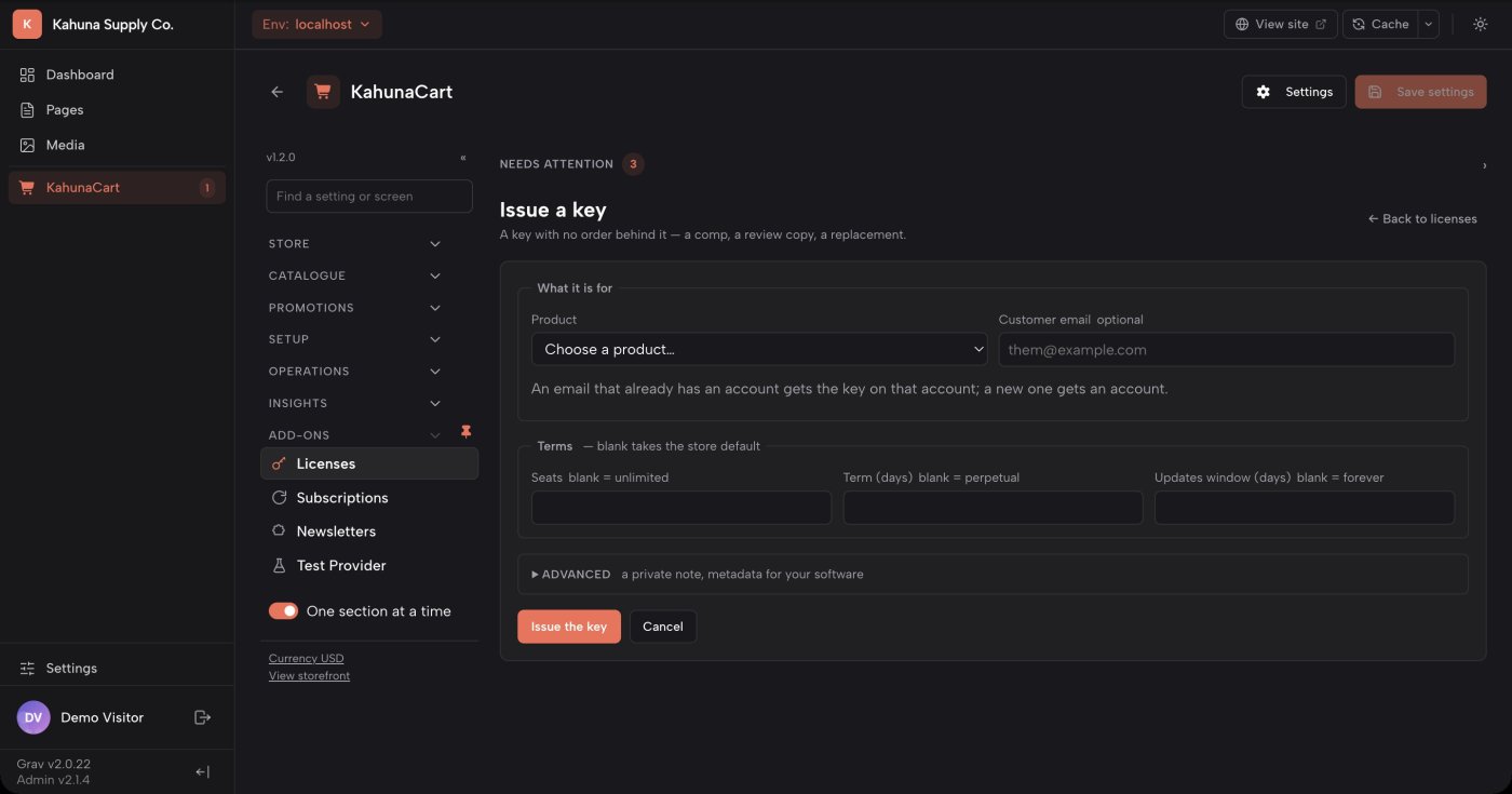 The Issue a key form in the KahunaCart admin, with fields for the product, the customer's email, seats, term and updates window
