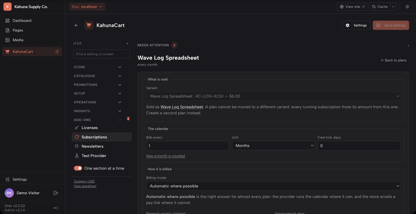 A subscription plan open in the KahunaCart admin, with its interval, free trial, billing mode, renewal variant and grace period