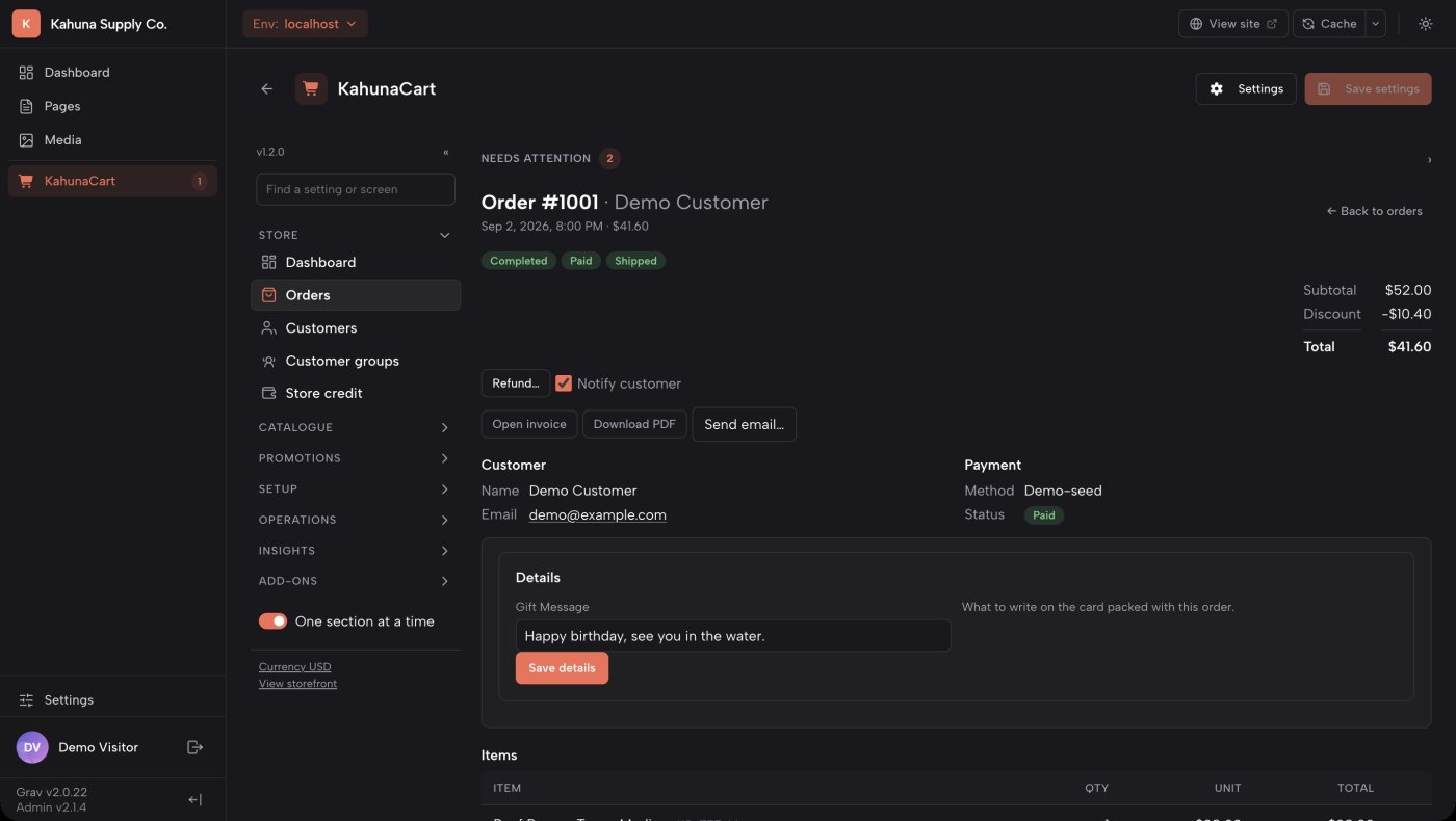 An order detail screen in the KahunaCart admin, with the line items, payment and fulfilment status and the order history