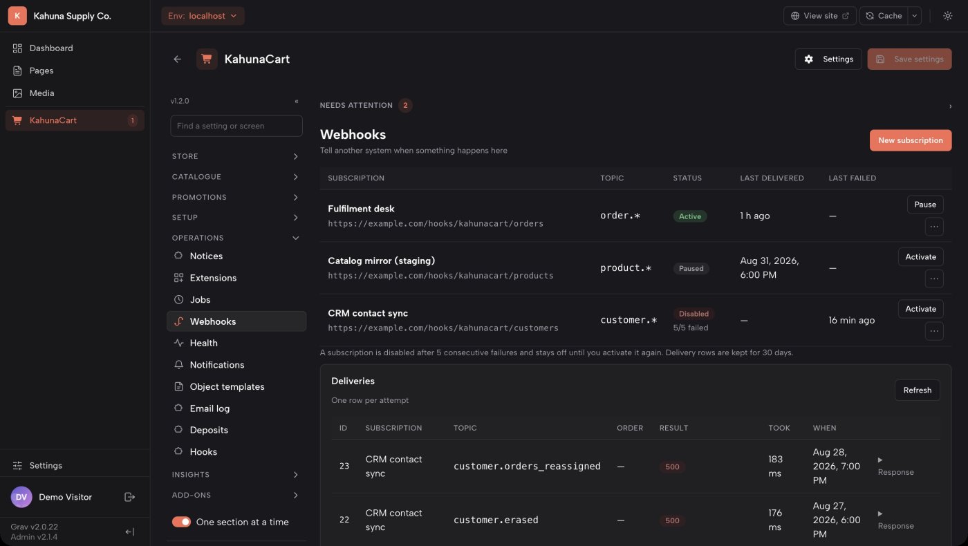 The KahunaCart Webhooks screen in the Grav admin, with a list of subscriptions and the delivery log beneath