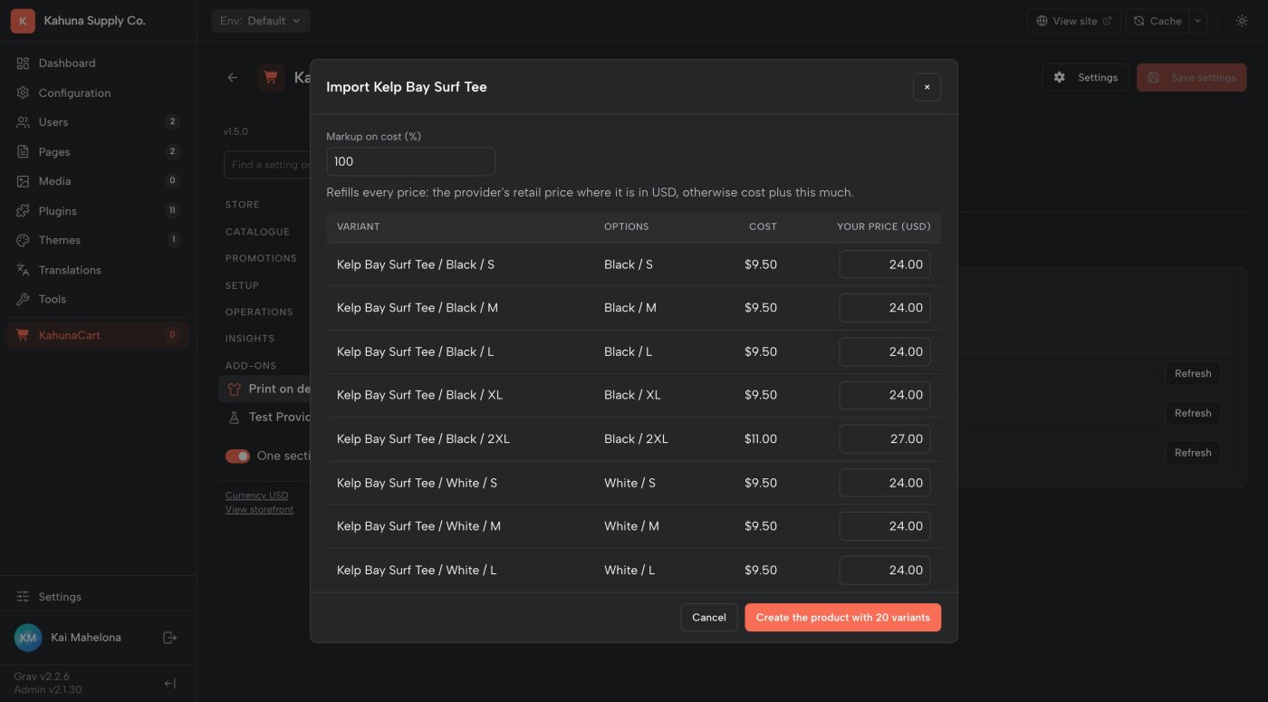 The import sheet for a surf tee, listing each colour and size with the printer's cost and a suggested price