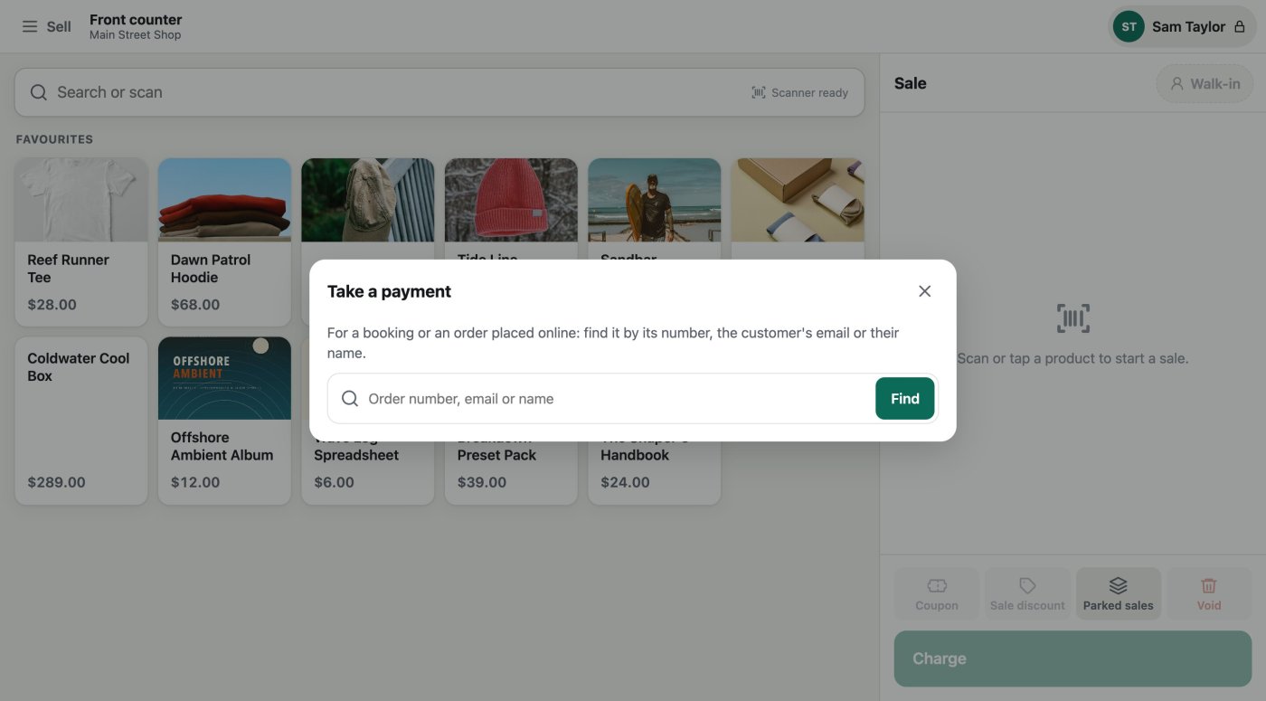 The till's Take a payment dialog, asking for an order number, email or name