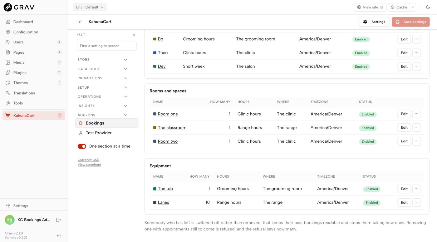 Three lists in the admin: people with their hours, rooms and spaces, and equipment with a tub and ten lanes