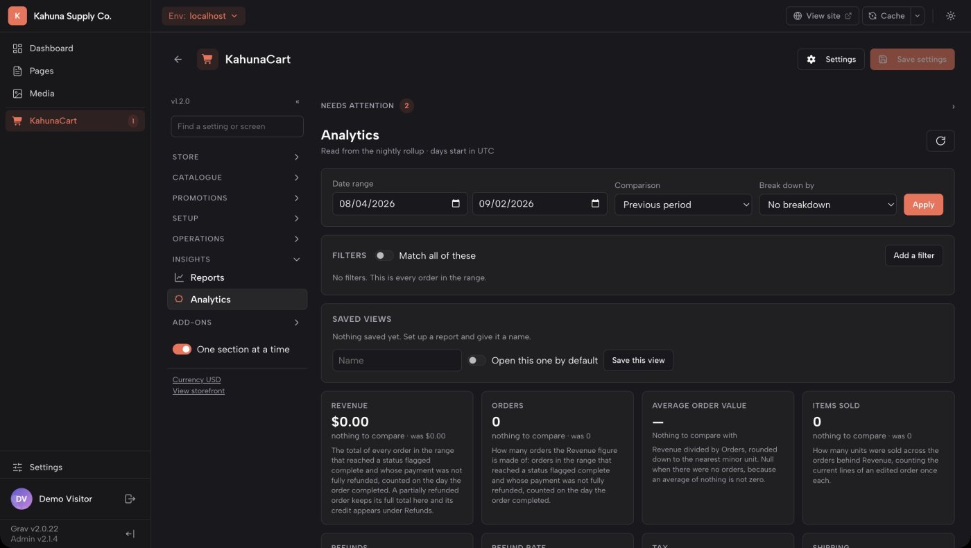 The Analytics screen in the KahunaCart admin, with metric tiles, a comparison period and filters