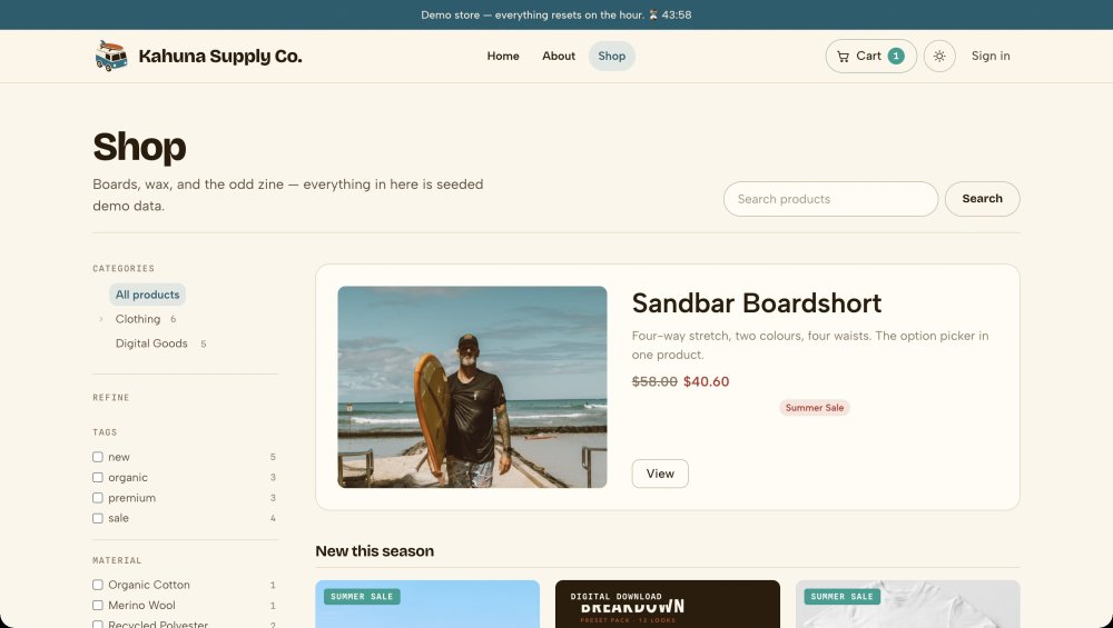 The Kahuna Supply Co. shop page with a product grid