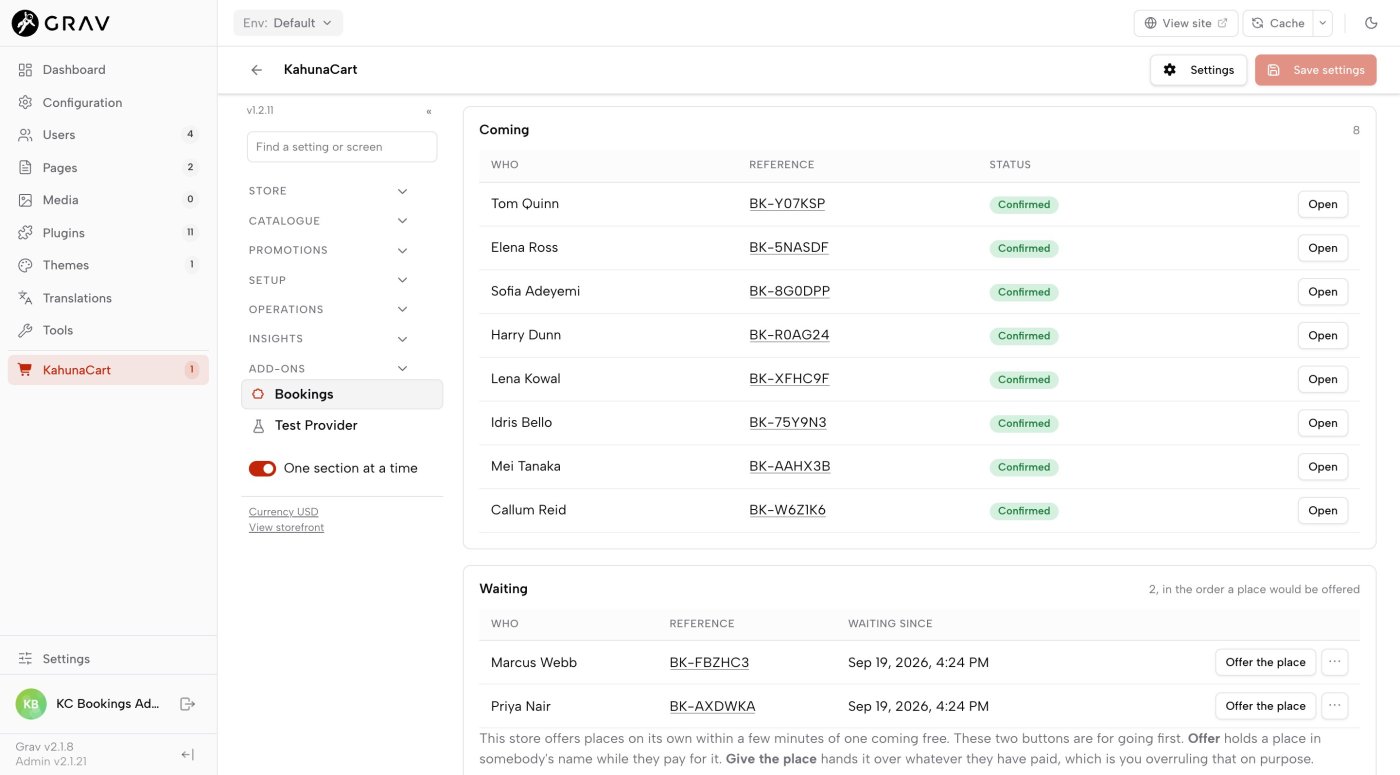 A class register in the admin: eight people coming, and two more waiting with an Offer the place button each
