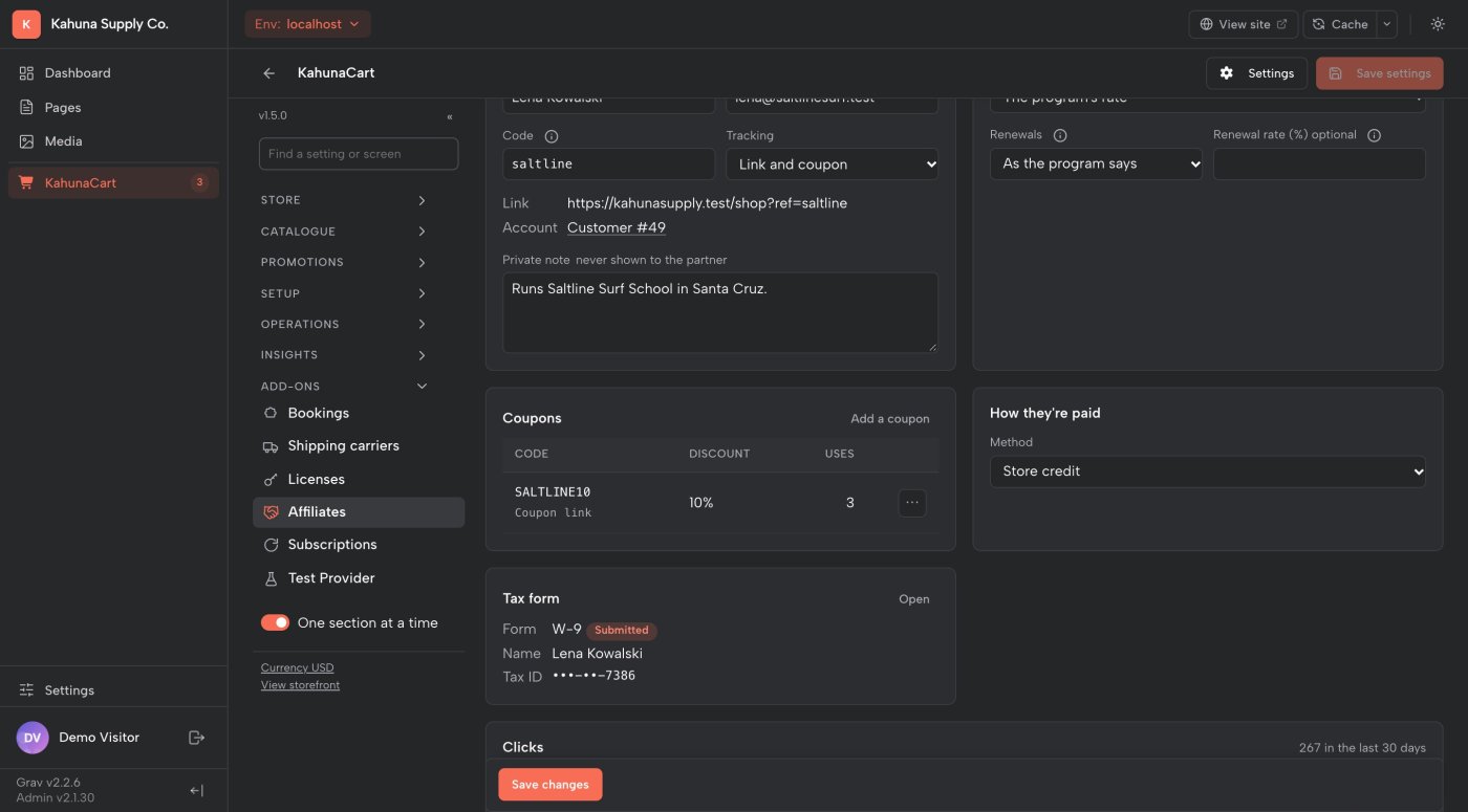 A partner's page in the admin with their code, their link, a 10% coupon used three times, store credit as their payout method and their W-9