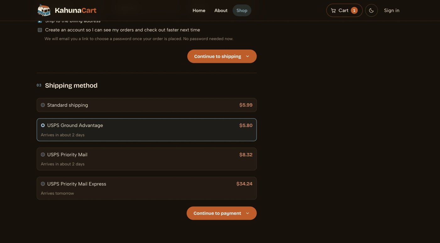 The storefront checkout with USPS service choices, EasyPost test rates and delivery estimates