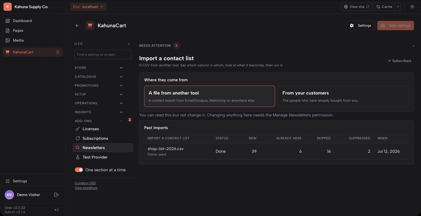 The Import screen in the KahunaCart admin with From your customers chosen, showing the filters and the preview counts
