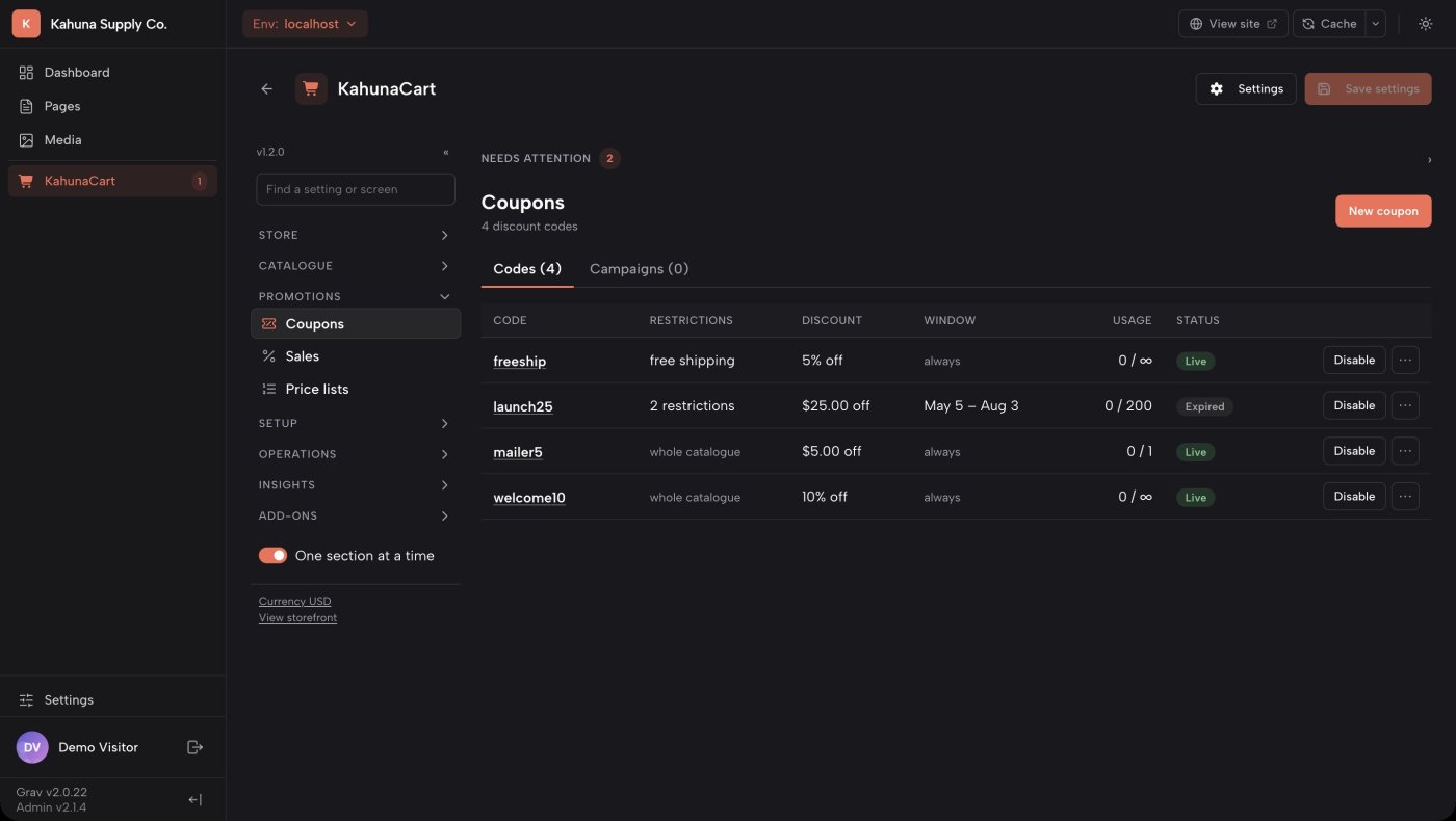 The Coupons screen in the KahunaCart admin, listing codes with their type, value and redemption count