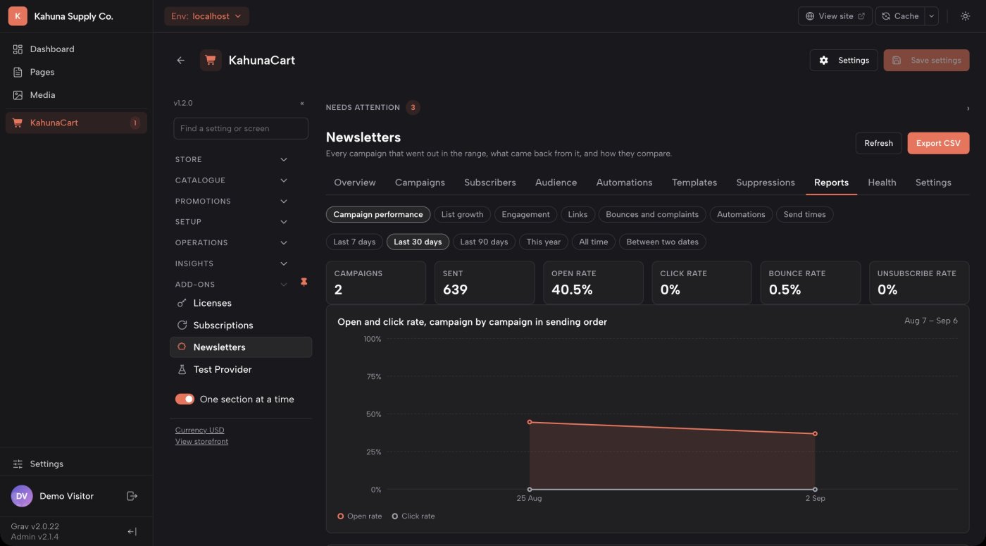 The Reports tab in the KahunaCart admin, on campaign performance, with the range picker and the totals row