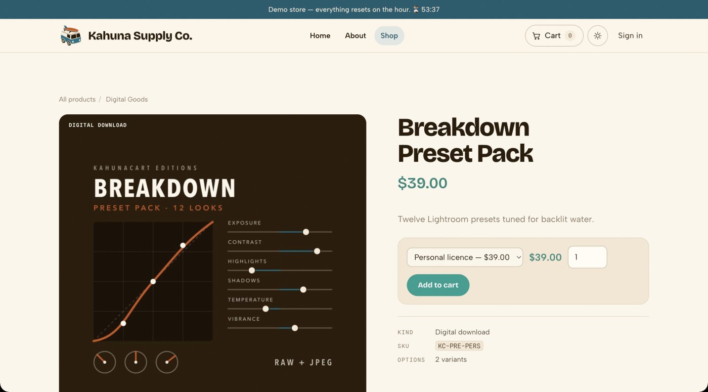 The Breakdown Preset Pack product page on the Kahuna Supply Co. demo storefront, sold with a Personal licence and a Studio licence variant