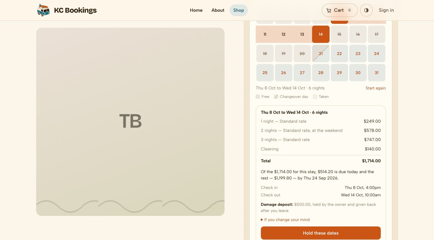 A holiday let's product page with a month calendar, a range drawn across six nights, and a priced summary under it