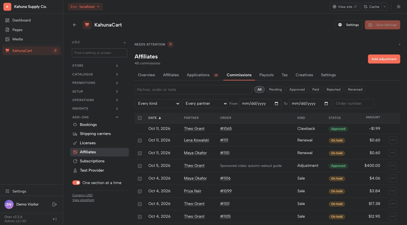The Commissions tab listing sales on hold, two subscription renewals, a sponsored-video adjustment and a clawback after a refund