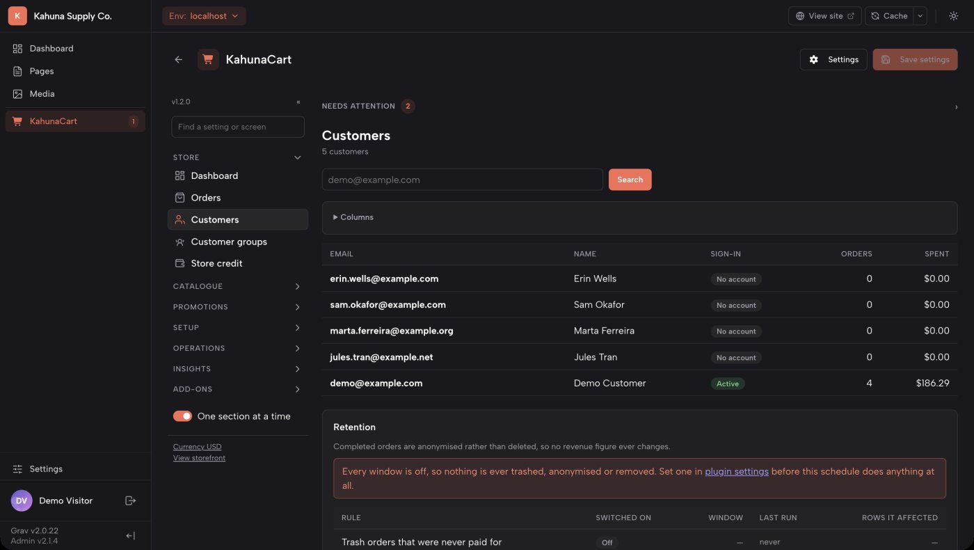 The Customers screen in the KahunaCart admin, listing customers with their order count, lifetime value and group