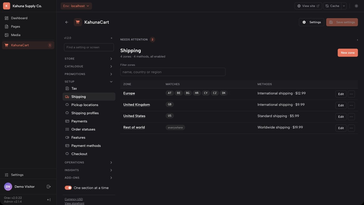 The Shipping screen in the KahunaCart admin, with zones, methods and rate rules