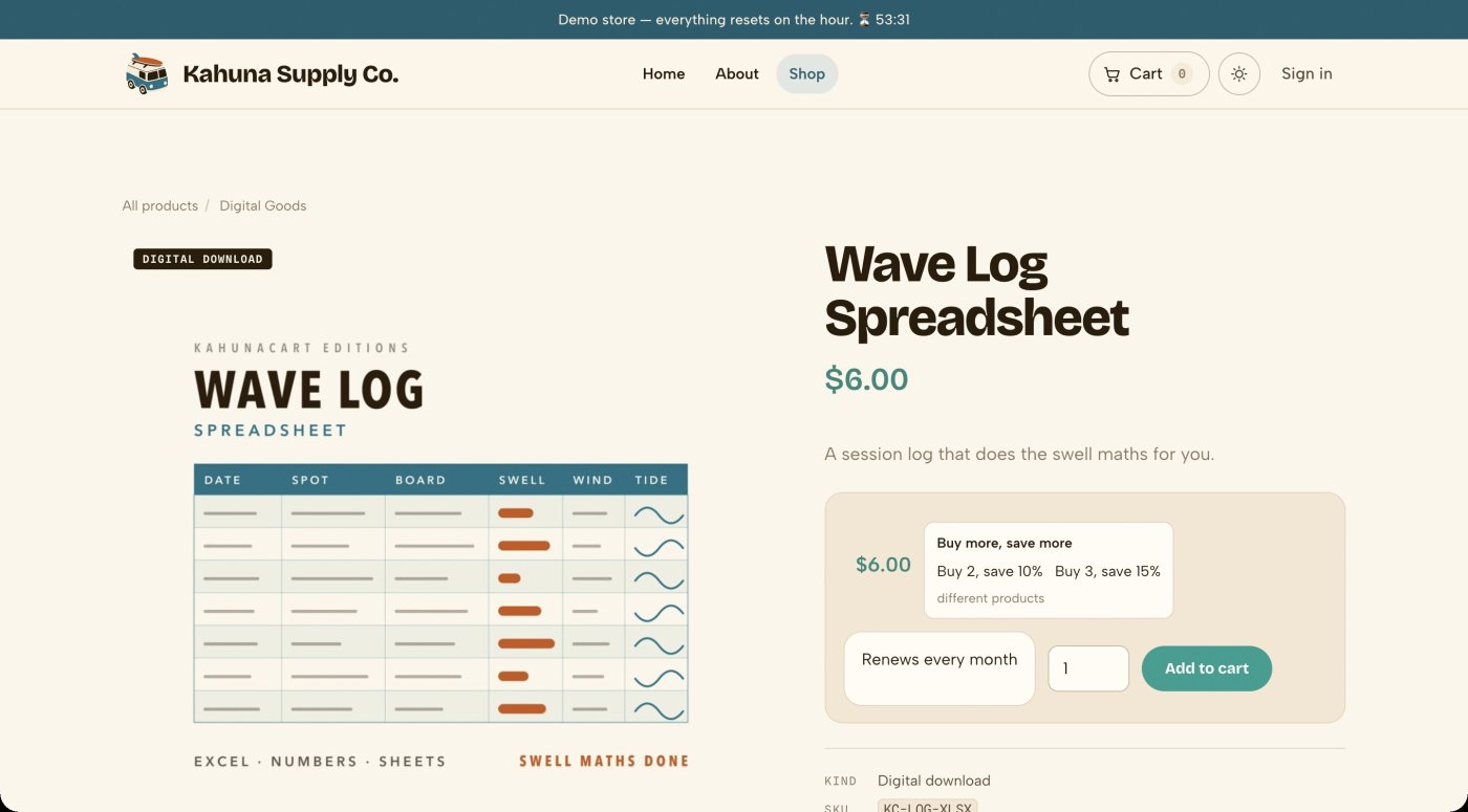 The Wave Log Spreadsheet product page on the Kahuna Supply Co. storefront, with the plan's terms printed under the buy button
