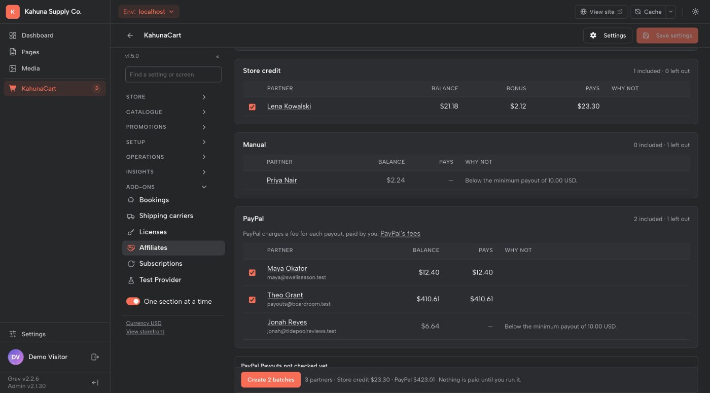 A new payout batch preview grouped into store credit with a bonus, manual and PayPal, with partners below the minimum left out and the reason shown